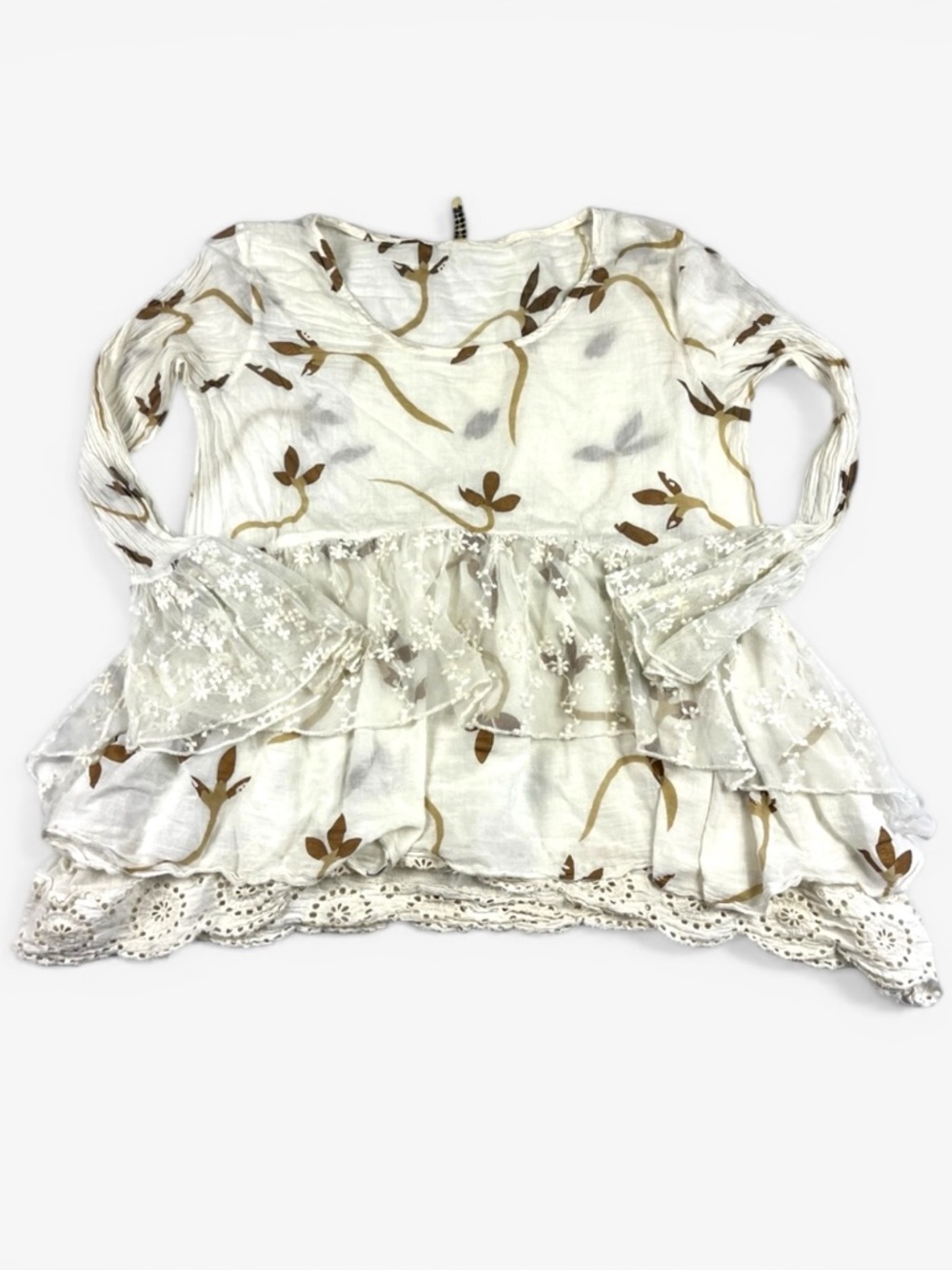 Marilu Boho Peasant Blouse Embroidered Lace Trim Floral Top S/M Shabby Chic FLAW